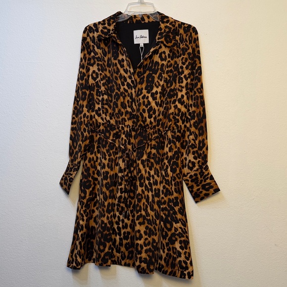 Sam Edelman Satin Collar Neckline Long Sleeve Leopard Mini Shirt Dress - Picture 7 of 11
